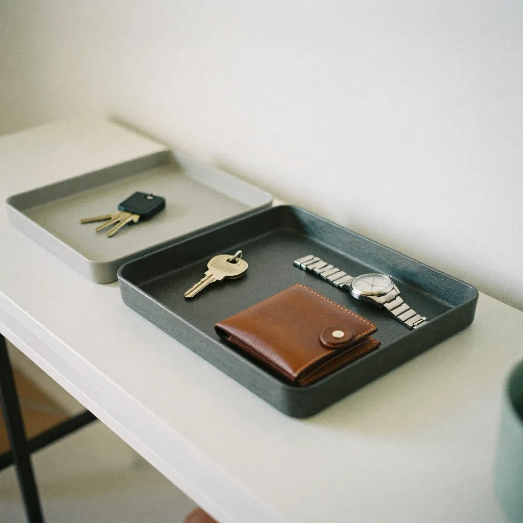Square geometric tray with keys and accessories
