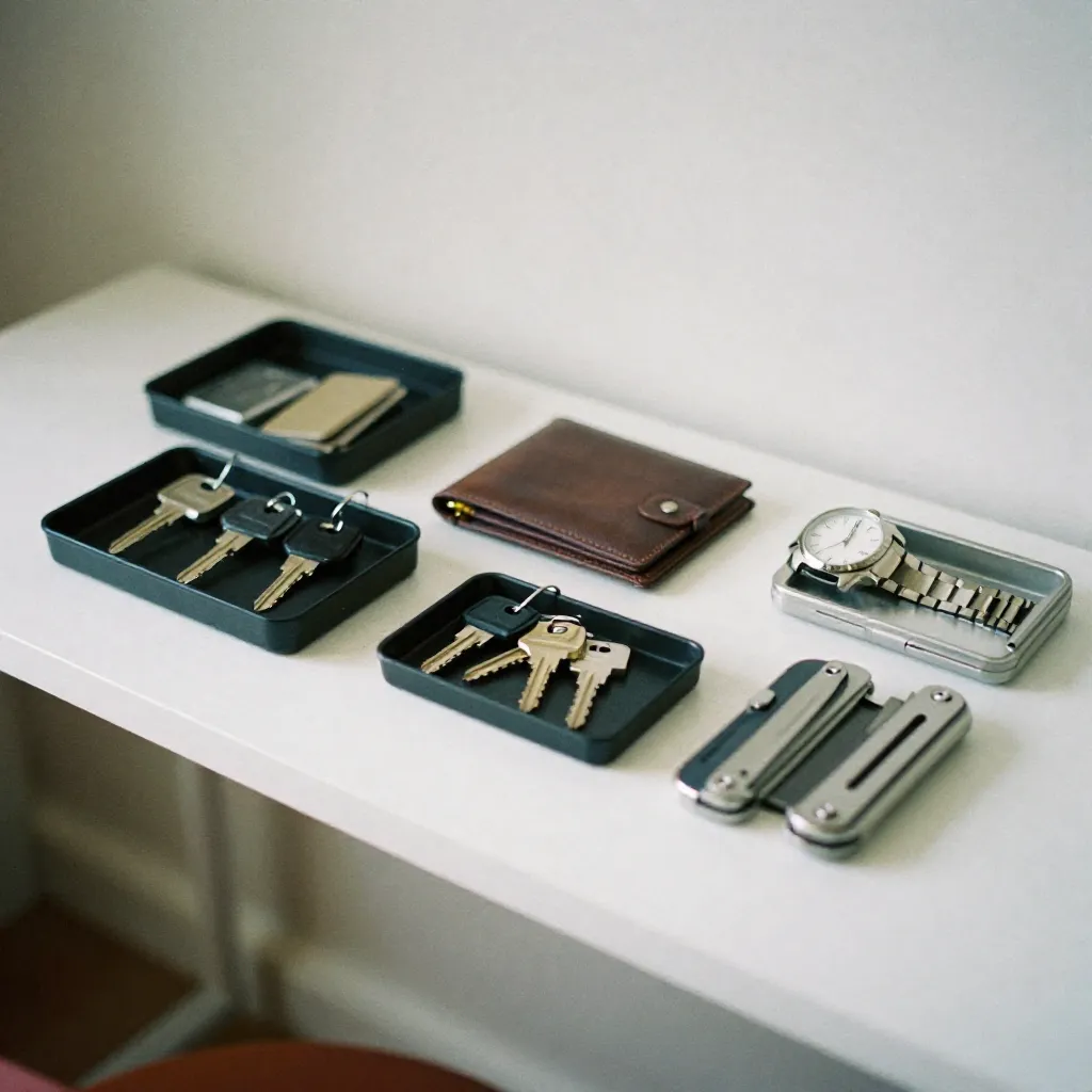 Rounded edge tray with watch and coins